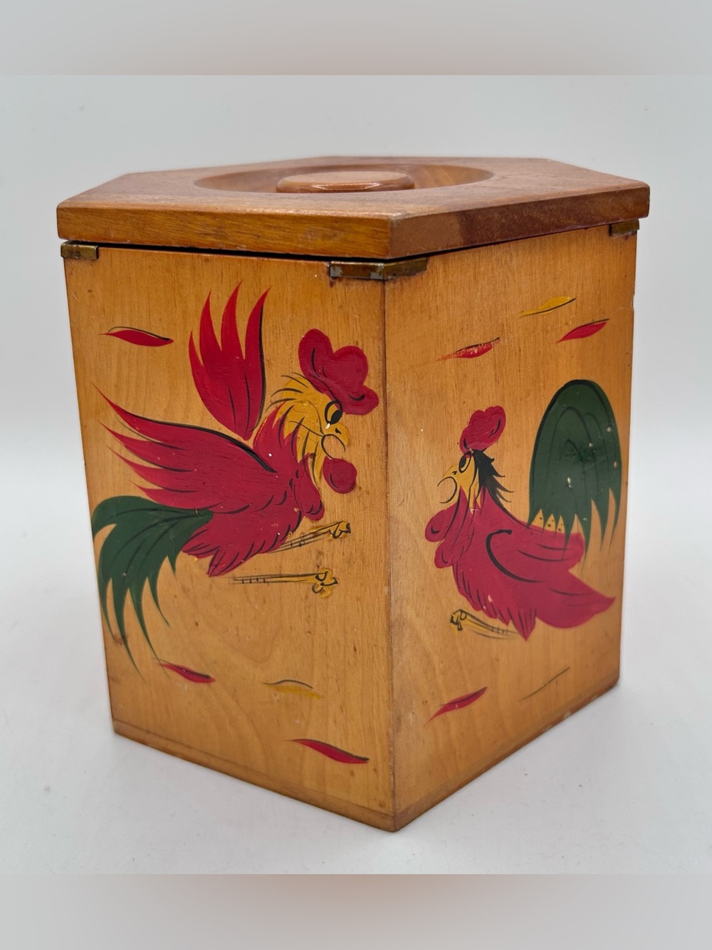 Vintage Rooster Wood Nesting Canister Octagon Japan Brown Red Large 7" x 8"